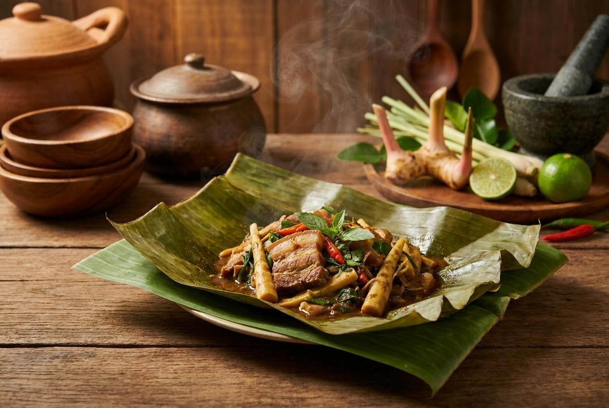 หมกหน่อไม้ หมูสามชั้น สูตรเด็ดทำง่าย ใช้ตัวช่วย ‘น้ำใบย่านางสำเร็จรูป’ แซ่บอีหลี!